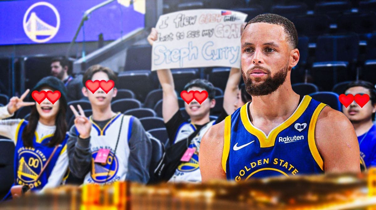 Stephen Curry on one side, a bunch of Golden State Warriors fans on the other side with hearts in their eyes