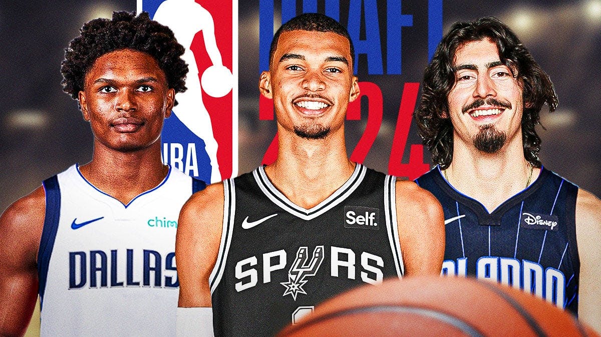 Victor Wembanyama in the middle in Spurs jersey. Around him is Ausar Thompson in Mavericks jersey and Jaime Jaquez in Magic jersey. 2023 NBA Draft logo in front.