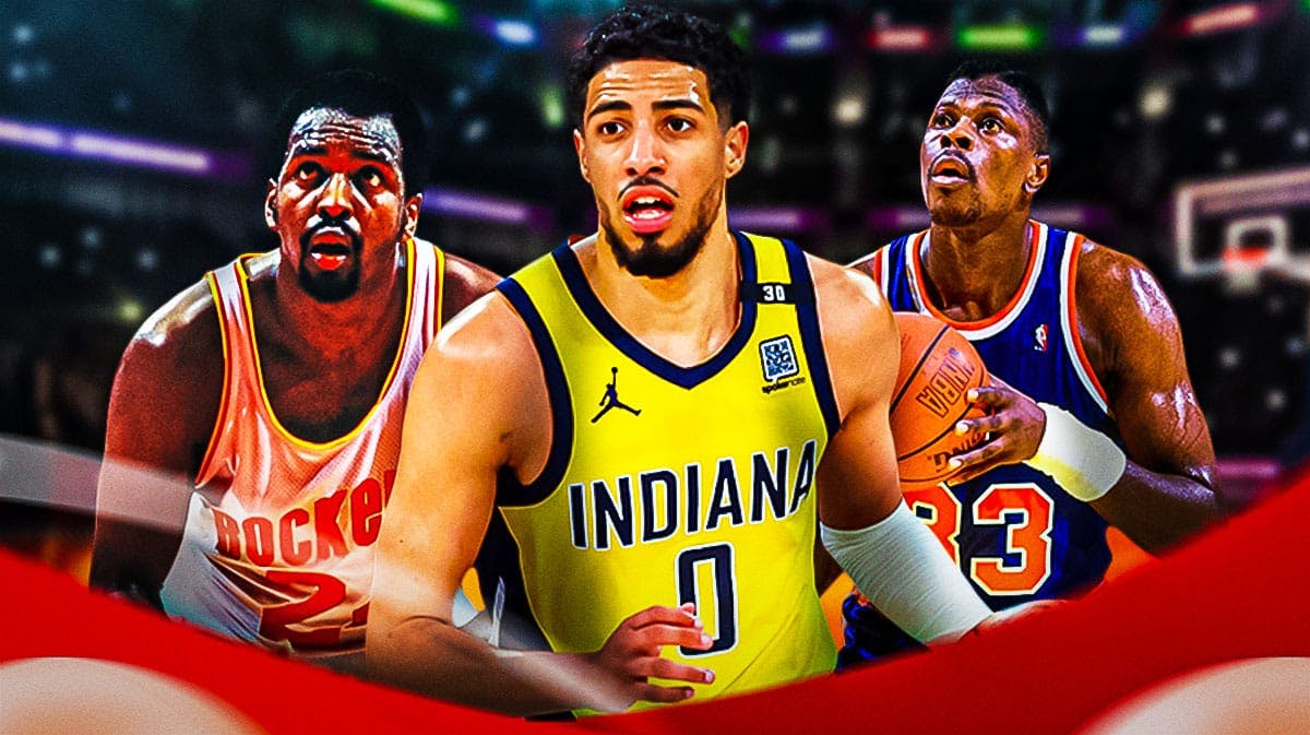 Tyrese Haliburton in the middle. Around him are Moses Malone (Rockets) and Patrick Ewing (Knicks). Front left have the Western Conference Finals logo. Front right have the Eastern Conference Finals logo.