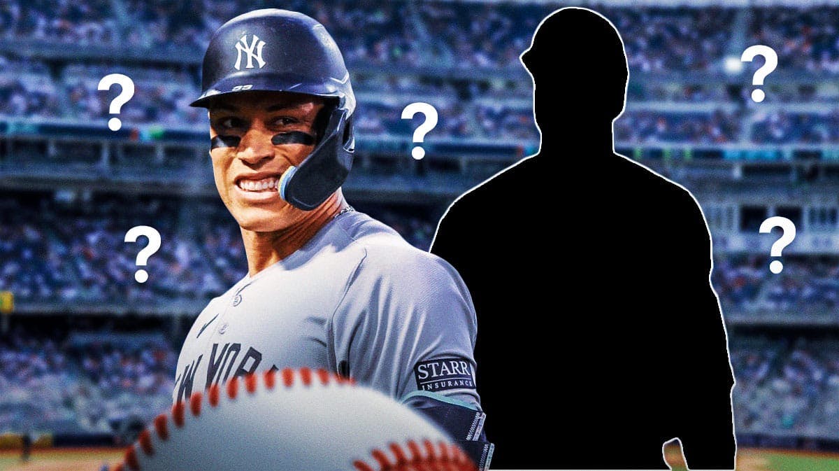 Aaron Judge in the middle, a silhouette of a baseball hitter on both sides of him, question marks in the background. Mookie Betts, Shohei Ohtani
