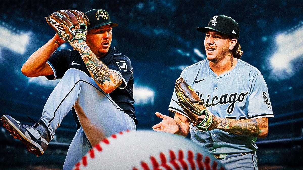 White Sox's Mike Clevinger pitching a baseball on right. On left, White Sox's Mike Clevinger looking serious.