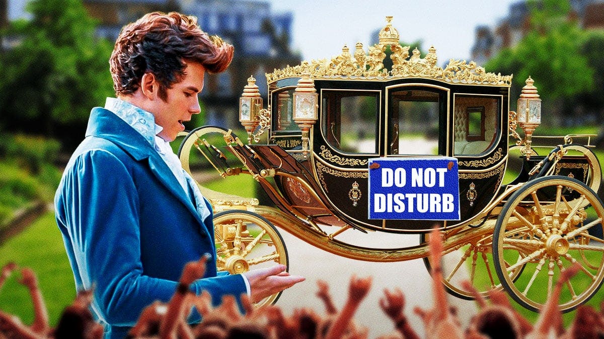 A picture of a carriage with a "Do not disturb" sign on it, alongside a pic of the character Colin Bridgerton