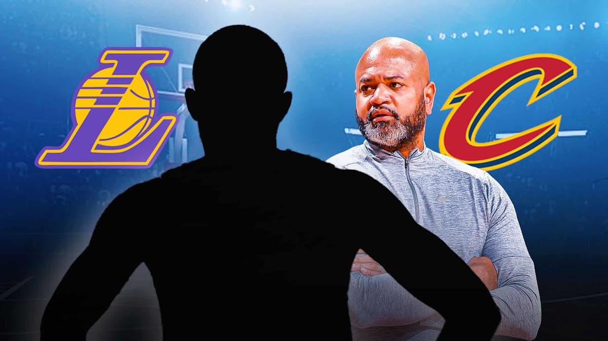 Cavs JB Bickerstaff next to a silhouette, a Cavs and a Lakers logo