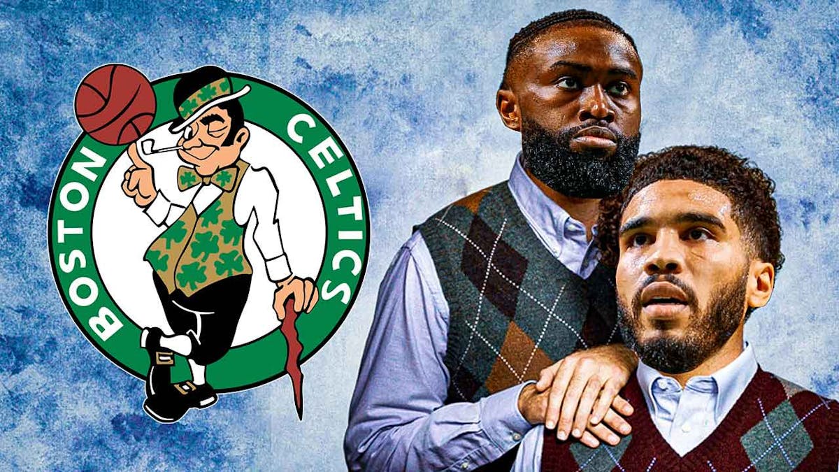 Jayson Tatum and Jaylen Brown as the Step Brothers next to a Celtics logo.