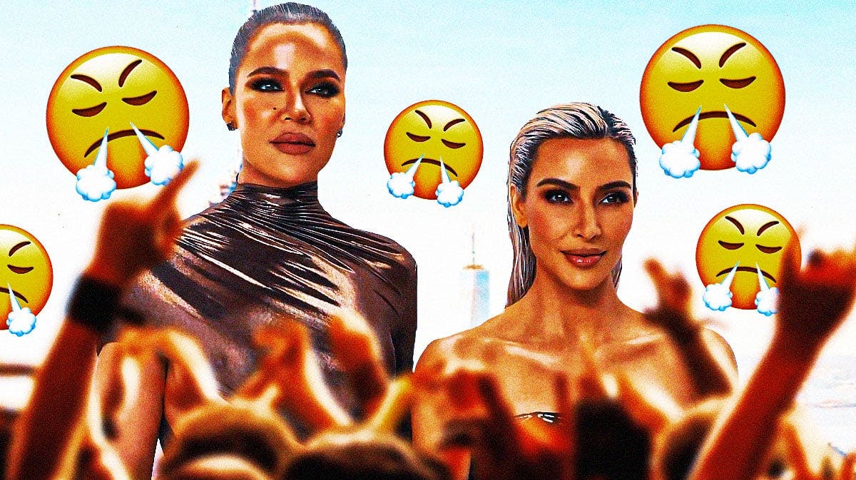 Kim Kardashian and Khloe Kardashian with angry emojis around them