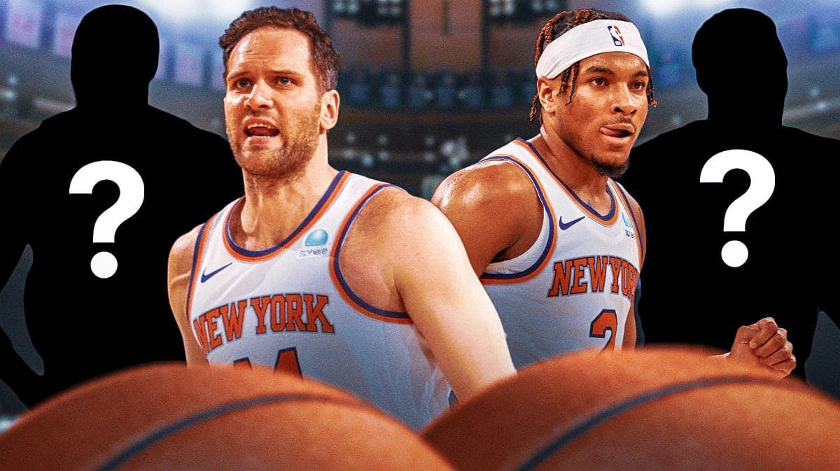 Need cover image of Knicks' Bojan Bogdanovic and Miles McBride looking disgruntled, with the outline of Mikal Bridges and/or Dejounte Murray as mystery players with question marks covering their faces