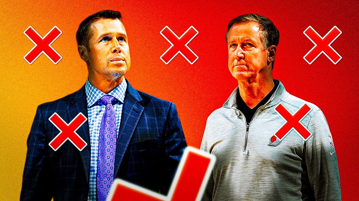 Terry Stotts, Dave Joerger surrounded by x's with a Cavs colored background.