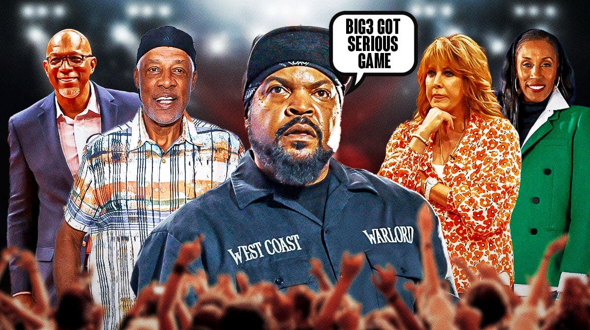 Ice Cube saying "BIG3 got serious game" with Dr. J. Julius Irving, Nancy Leiberman, Lisa Leslie, and Clyde Drexler in a supporting background.
