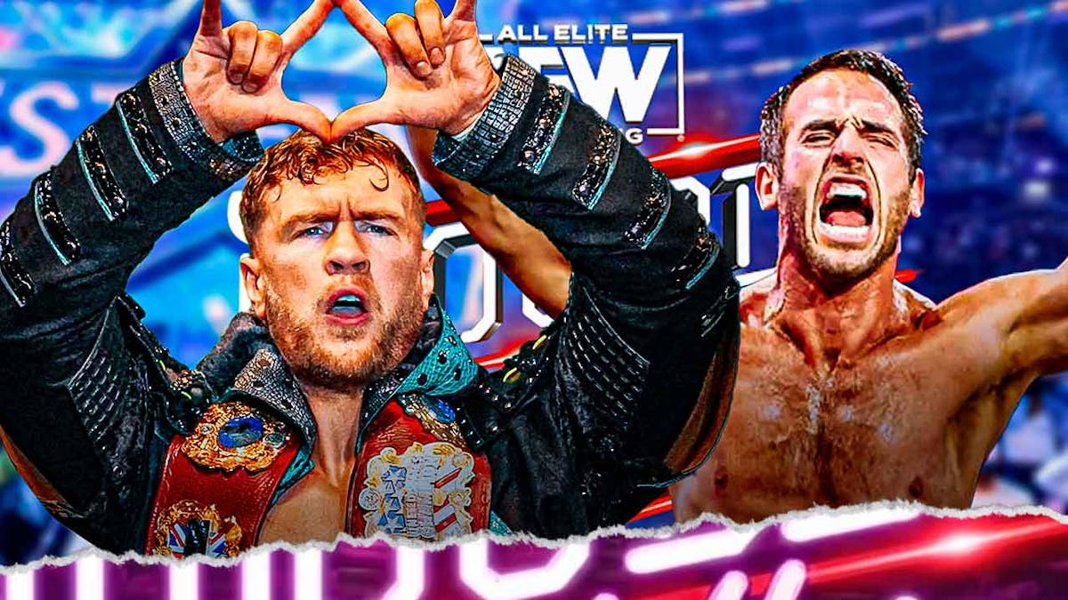 Will Ospreay holding the AEW International Championship next to Roderick Strong with the AEW Double or Nothing logo as the background.