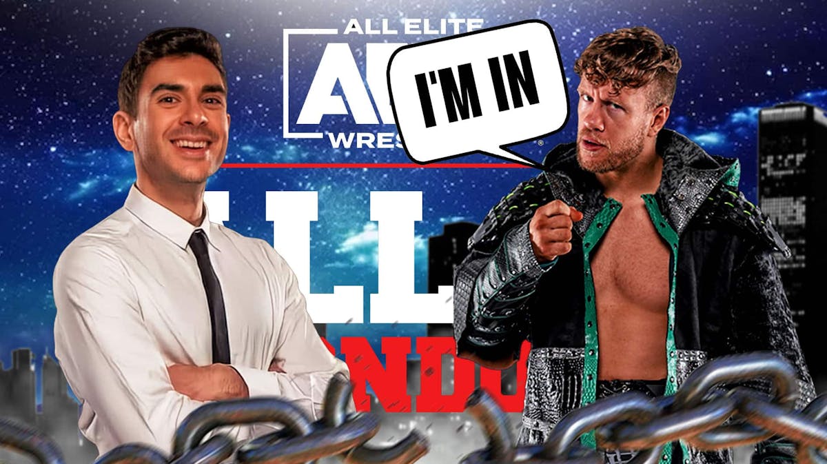 Will Ospreay with a text bubble reading "I'm in" next to Tony Khan with the AEW All In graphic as the background.