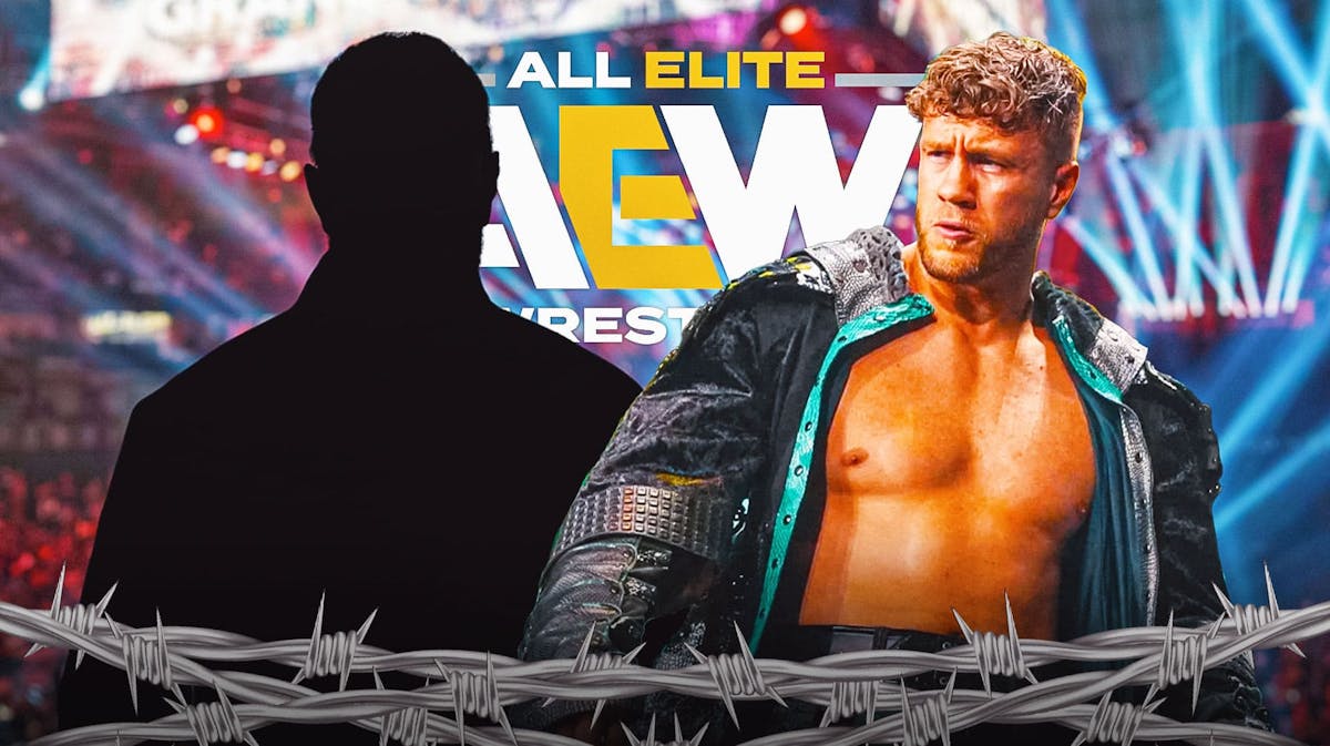 Will Ospreay next to the blacked-out silhouette of Adam Copeland with the AEW logo as the background.