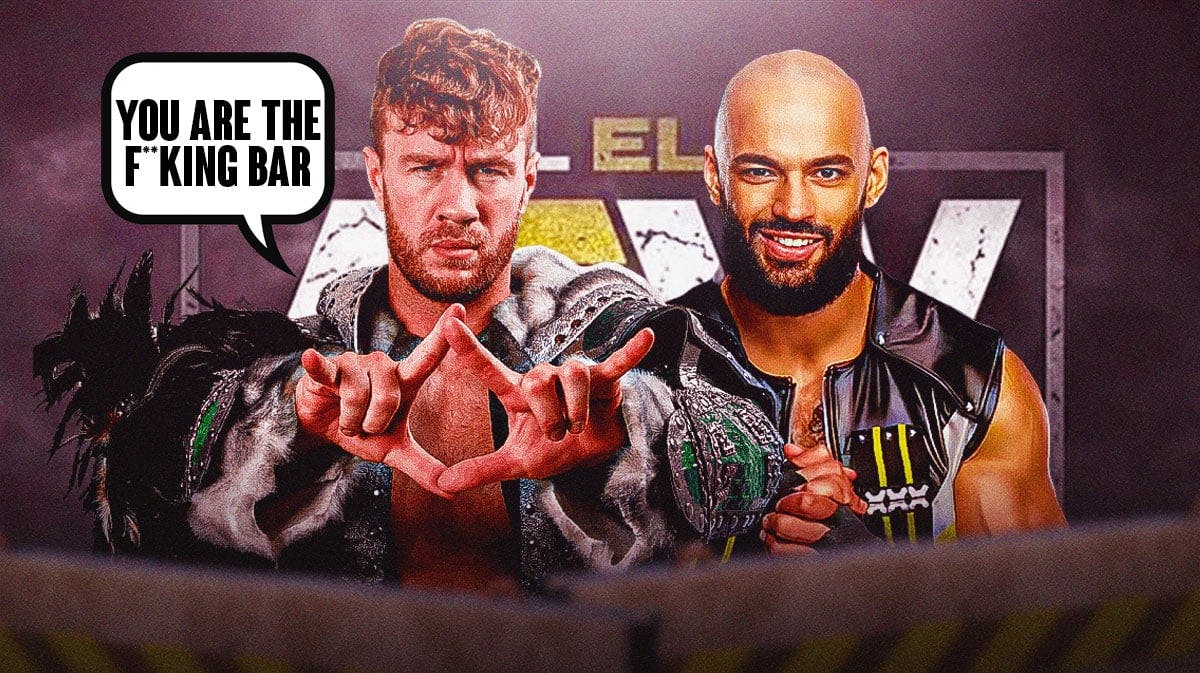 Will Ospreay with a text bubble reading "You are the f**king bar" next to Ricochet with the AEW logo as the background.