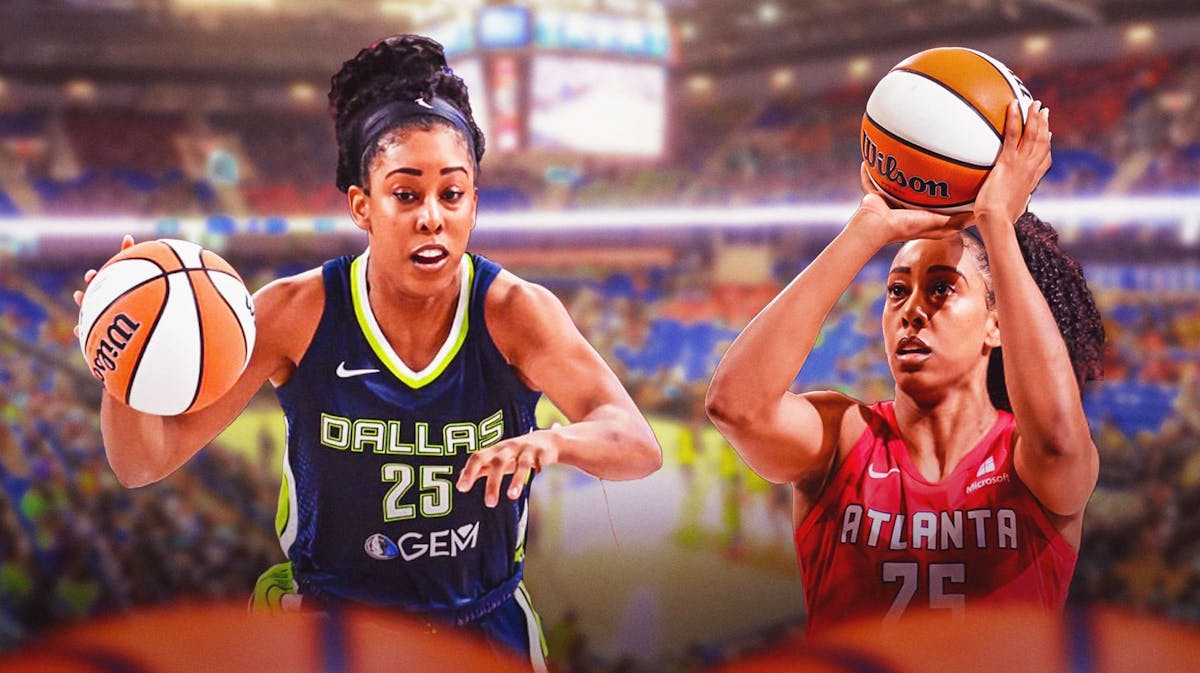 Monique Billings in a Dallas Wings' jersey on left. On right, need Monique Billings in an Atlanta Dream jersey shooting a basketball.