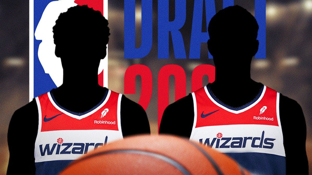Silhouettes of Wizards players in front of the NBA Draft logo