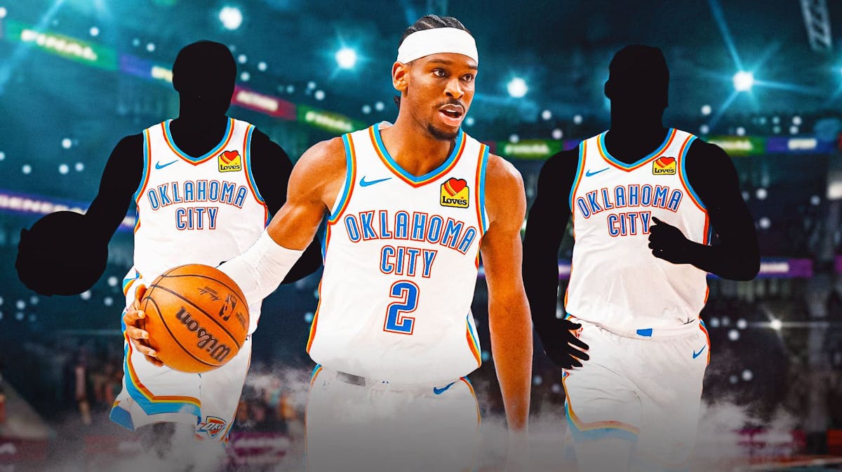 Shai Gilgeous-Alexander alongside two shadowy players in Thunder jerseys with the Thunder arena in the background, NBA free agency, free agents