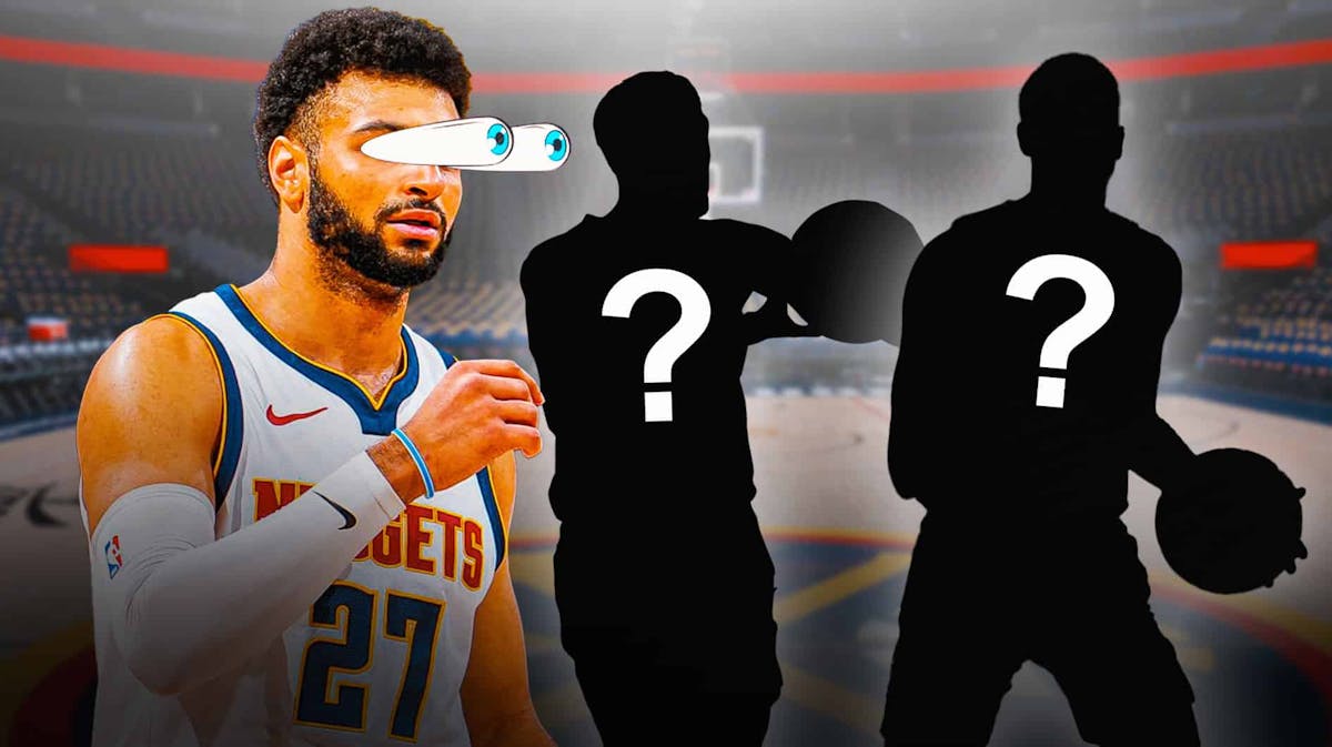 Jamal Murray next to two silhouettes of basketball players
