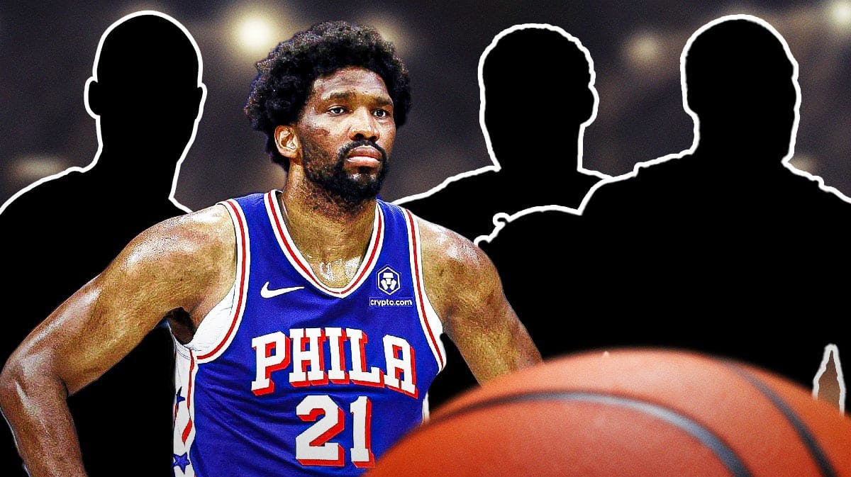 Joel Embiid in the middle - Three mystery players around him - Philadelphia 76ers wallpaper in the background