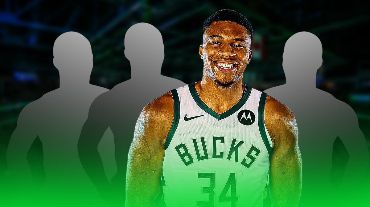 Giannis Antetokounmpo in the middle, Three mystery players around him, and Milwaukee Bucks wallpaper in the background