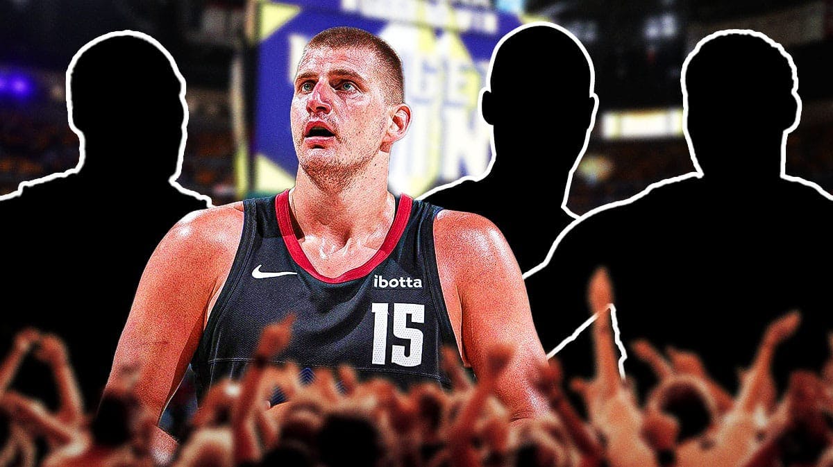 Nikola Jokic in the middle - Three mystery players around him - Denver Nuggets wallpaper in the background