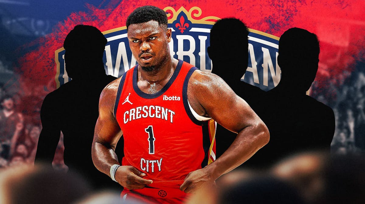 Zion Williamson in the middle, Three mystery players around him, and New Orleans Pelicans wallpaper in the background