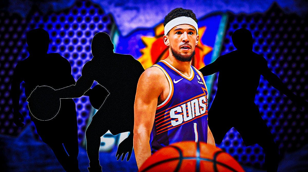 Devin Booker in the middle, Three mystery players around him, and Phoenix Suns wallpaper in the background