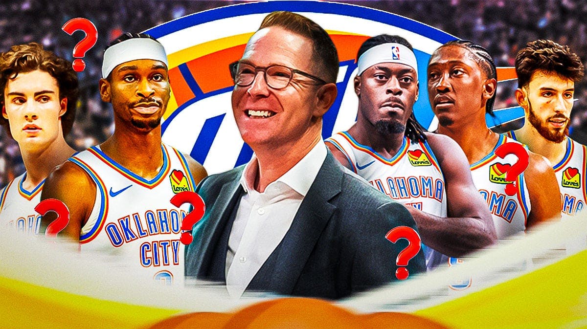 Sam Presti in the middle of the graphic. Around him are Josh Giddey, Shai Gilgeous-Alexander, Lu Dort, Jalen Williams, Chet Holmgren. Thunder logo in background. A bunch of arrows pointing every which way on the graphic and a bunch of question marks. Anthony Davis Thunder