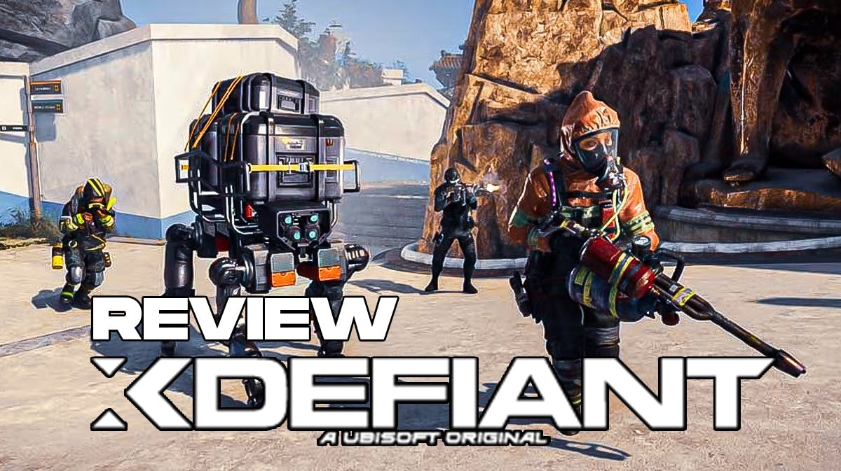 An image of XDefiant's logo, gameplay, and the word Review