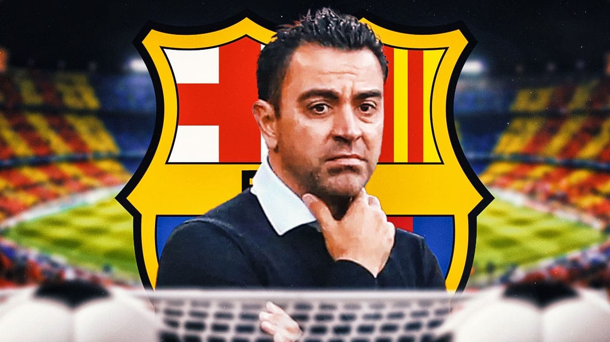 Xavi Hernandez in front of the FC Barcelona logo