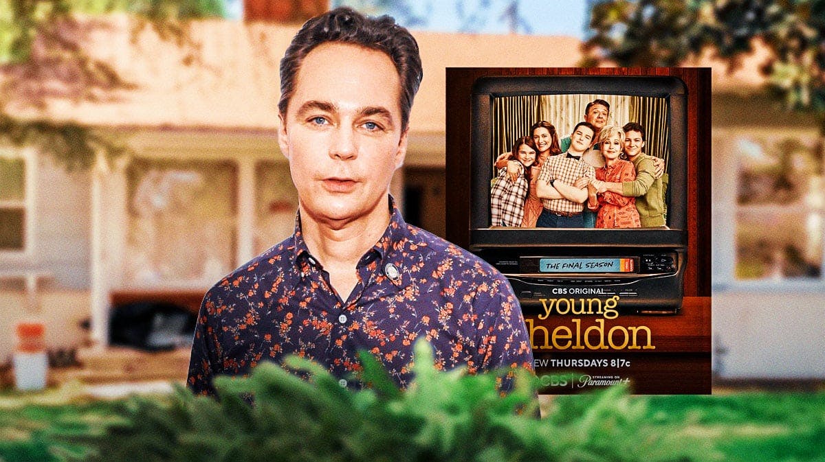 Jim Parsons with Young Sheldon final season poster with house in background.