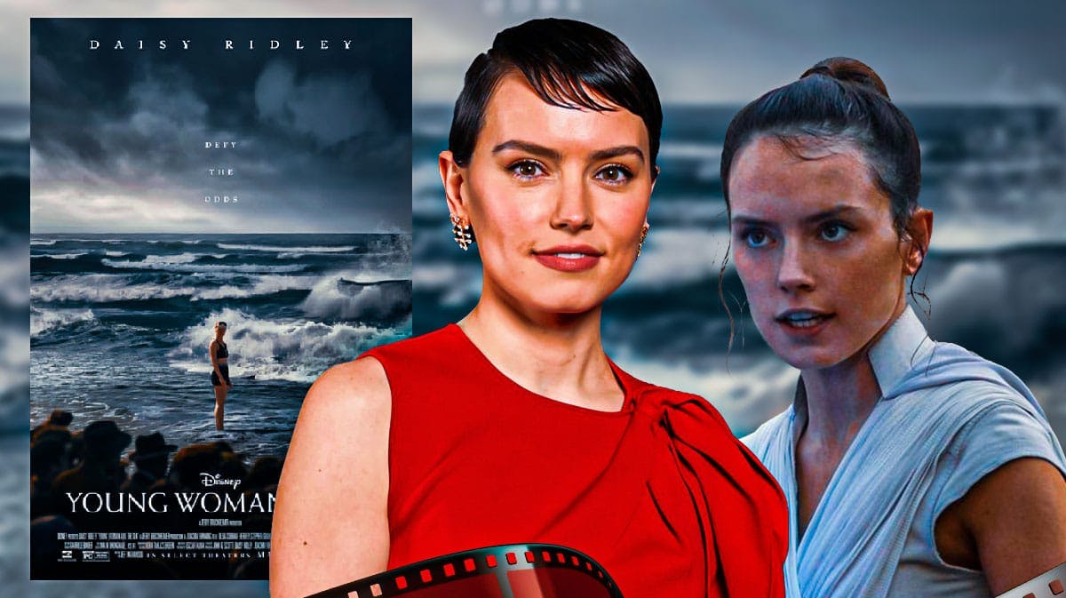 Daisy Ridley next to Rey from Star Wars and Young Woman and the Sea poster.