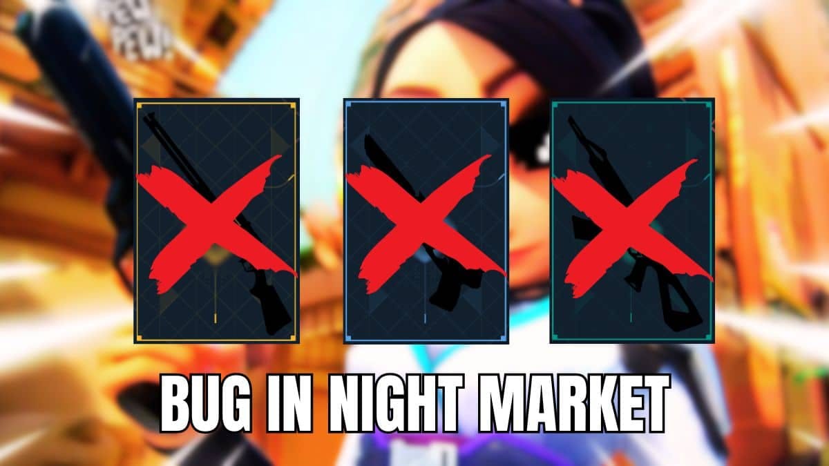 IMAGE OF VALORANT NIGHT MARKET WITH A VALORANT MEME IN BACKGROUND, ALSO INCLUDES 3 WEAPON SKINS WITH X MARKS TO SHOW BEING UNAVAILABLE