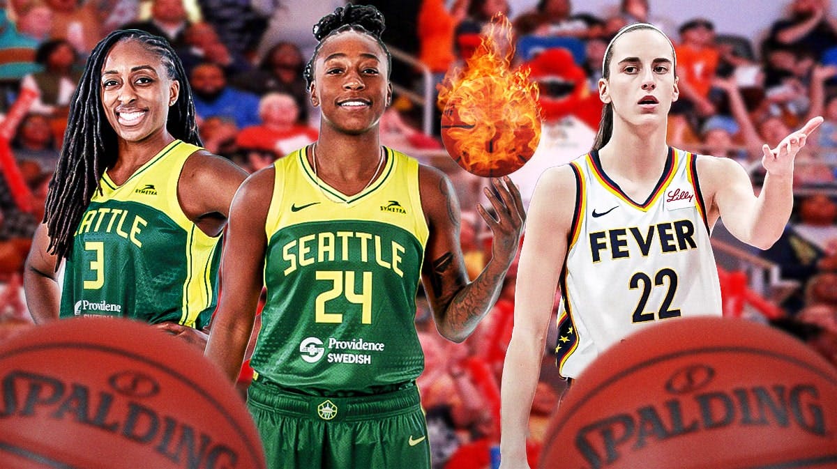 Jewell Loyd in Seattle Storm jersey with the ball on fire, and Nneka Ogwumike the same in Seattle Jersey and Caitlin Clark in an Indiana Fever jersey just standing around.