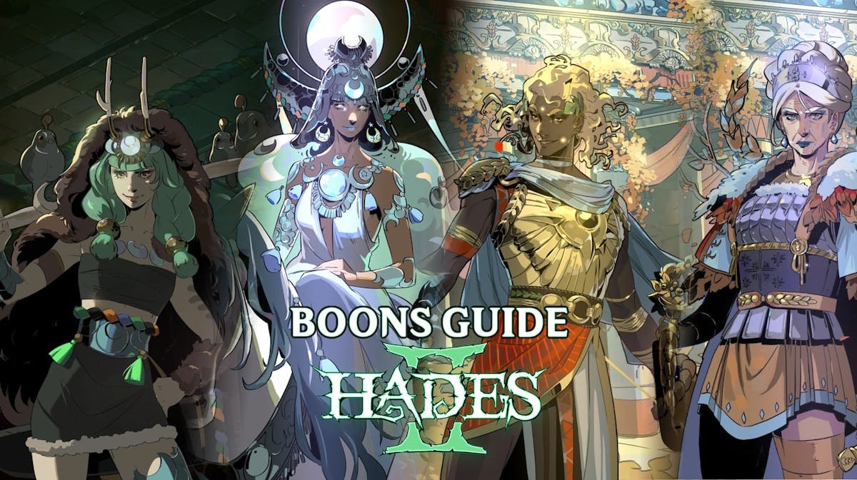 hades 2 boons, hades 2 boons guide, hades 2 guide, hades 2, a collage of four deities from hades 2 with the game logo in the middle and the words boons guide above it
