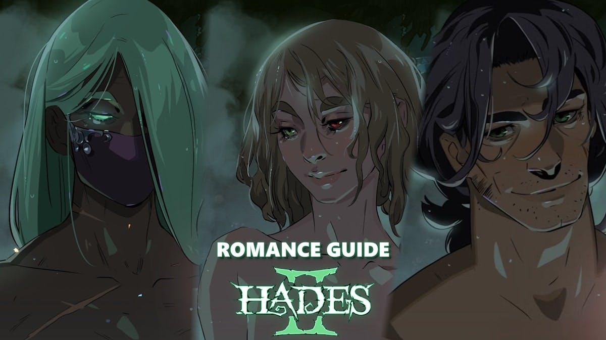 hades 2 romance, hades 2 romance guide, hades 2 guide, hades 2 gifts, hades 2, a collage of three characters from hades 2 in the hot spring with the game logo below and the words romance guide above it