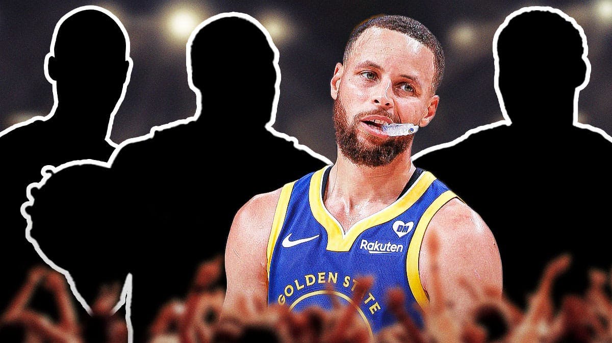 Steph Curry in the middle, Three mystery players around him, and Golden State Warriors wallpaper in the background