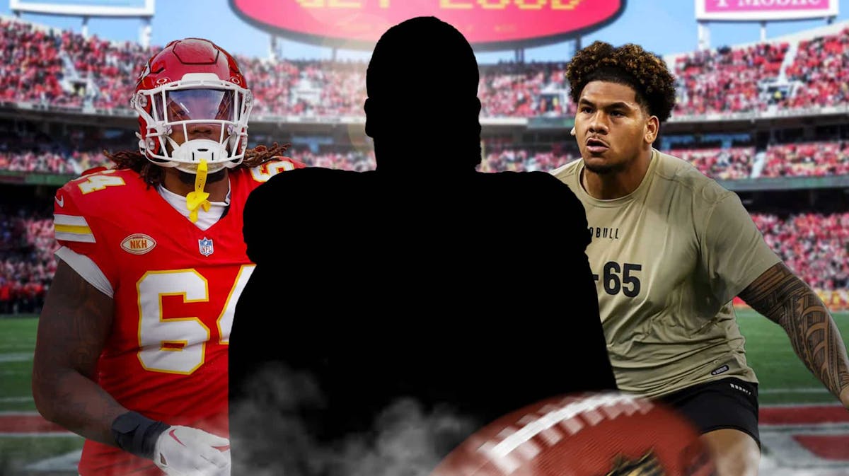 Chiefs tackle Wanya Morris on the left, Kingsley Suamataia on the right, with the blacked-out silhouette of Donovan Smith in the middle with Arrowhead Stadium as the background.