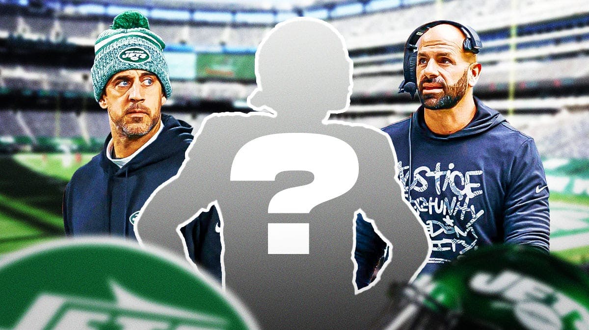 New York Jets QB Aaron Rodgers with head coach Robert Saleh and a silhouette of an American football player with a big question mark emoji inside. There is also a logo for the New York Jets.
