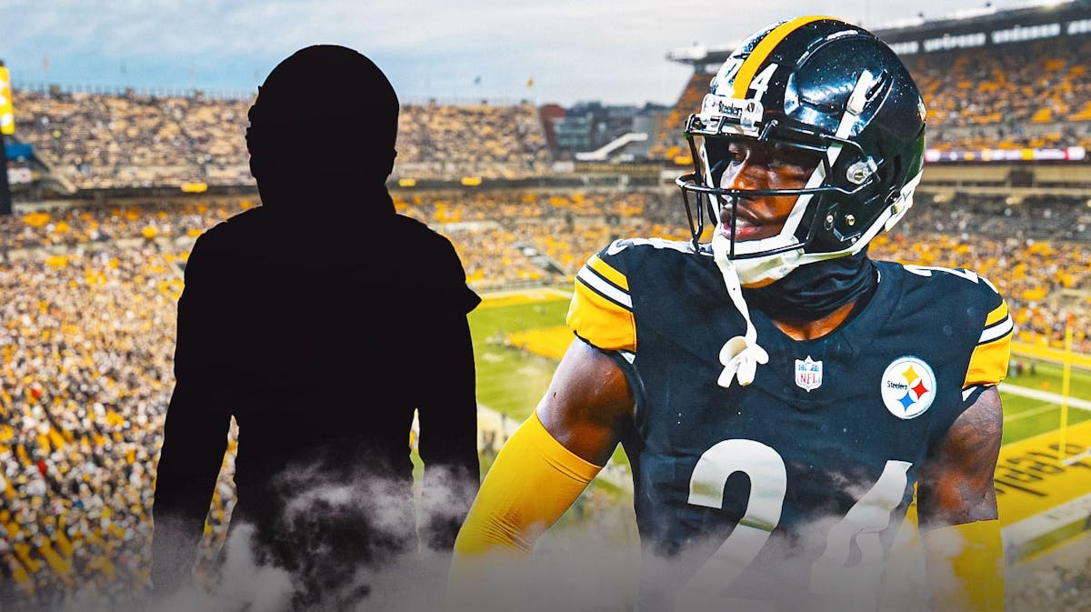 Joey Porter Jr next to the blacked-out silhouette of Stephon Gilmore in front of the Steelers stadium.
