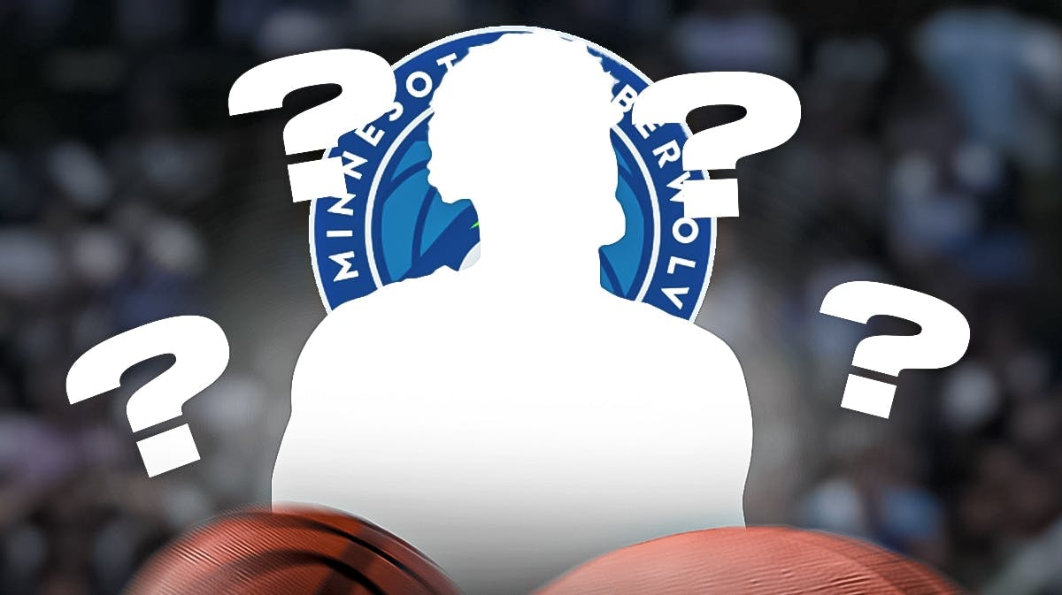 Timberwolves logo background, silhouette of Karl-Anthony Towns, question marks all around.