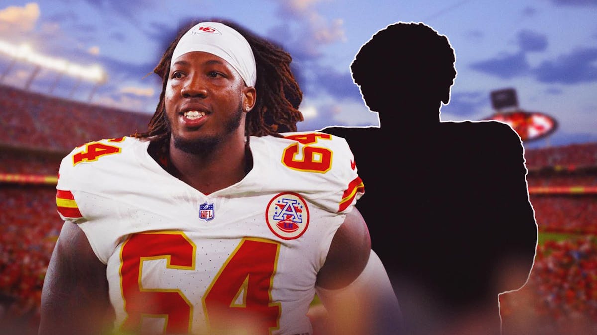 Wanya Morris next to the blacked-out silhouette of Kingsley Suamataia with Arrowhead Stadium as the background.