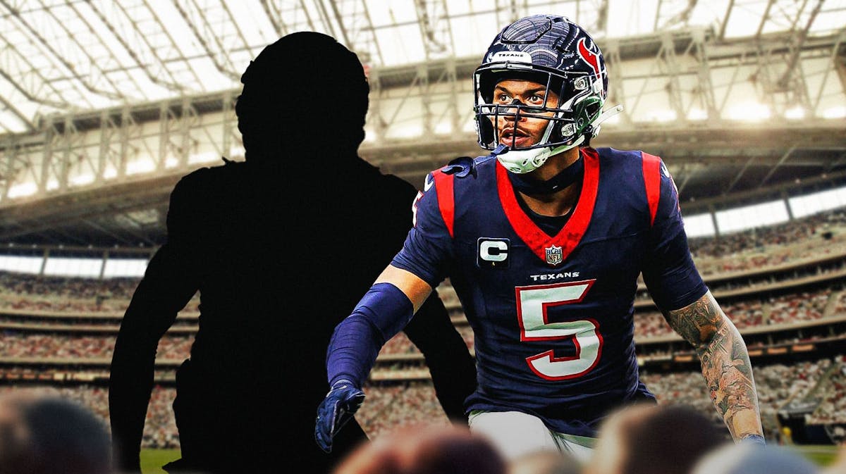 Jalen Pitre next to the blacked-out silhouette of Calen Bullock with the NRG Stadium as the background.