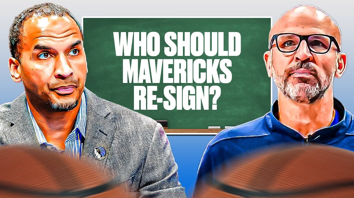 Nico Harrison (Mavericks general manager) and Jason Kidd (Mavericks head coach) looking at a chalk board. On the board, write the following: Who should Mavericks re-sign?
