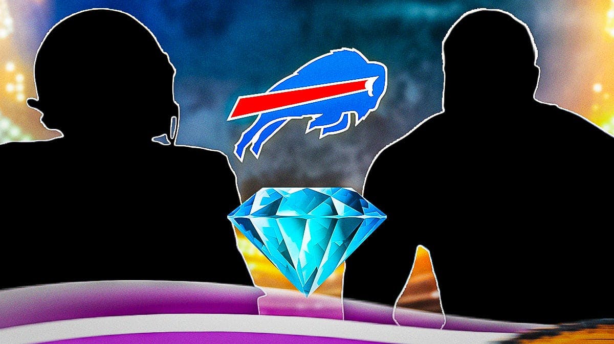 Bills logo background, a shiny diamond in the middle, and silhouettes or Gable Steveson (in a wrestling pose) and Justin Shorter on either side