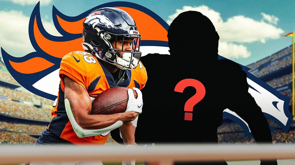 Jaleel McLaughlin next to a blank silhouette of a football player with a question mark in the silhouette. Broncos logo in the background
