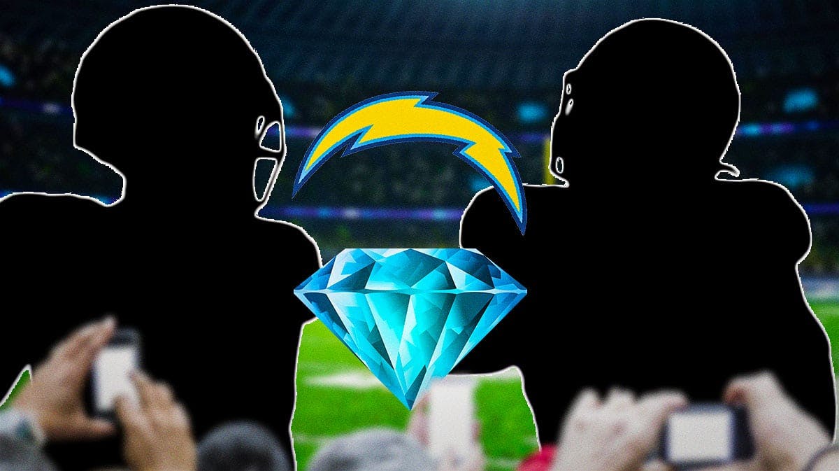 Chargers logo background, shiny diamond in the middle with silhouette of Tuli Tuipoloto on one side and silhouette of Derius Davis on the other.