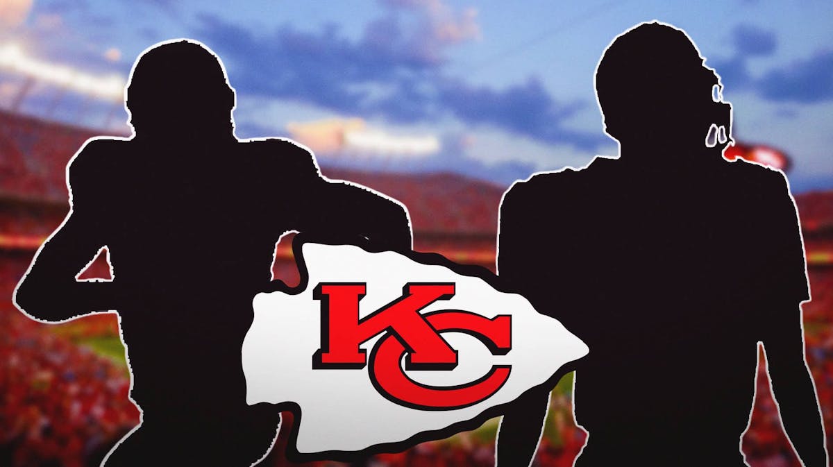 Two shadow cutouts of NFL players in the background, with the Chiefs logo in the middle, and the Chiefs stadium in the background