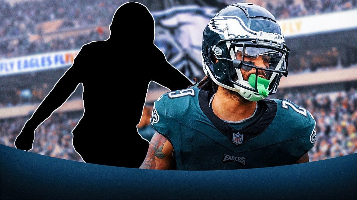 Avonte Maddox in his Eagles uniform next to the blacked-out silhouette of John Ross with Lincoln Financial Field as the background.