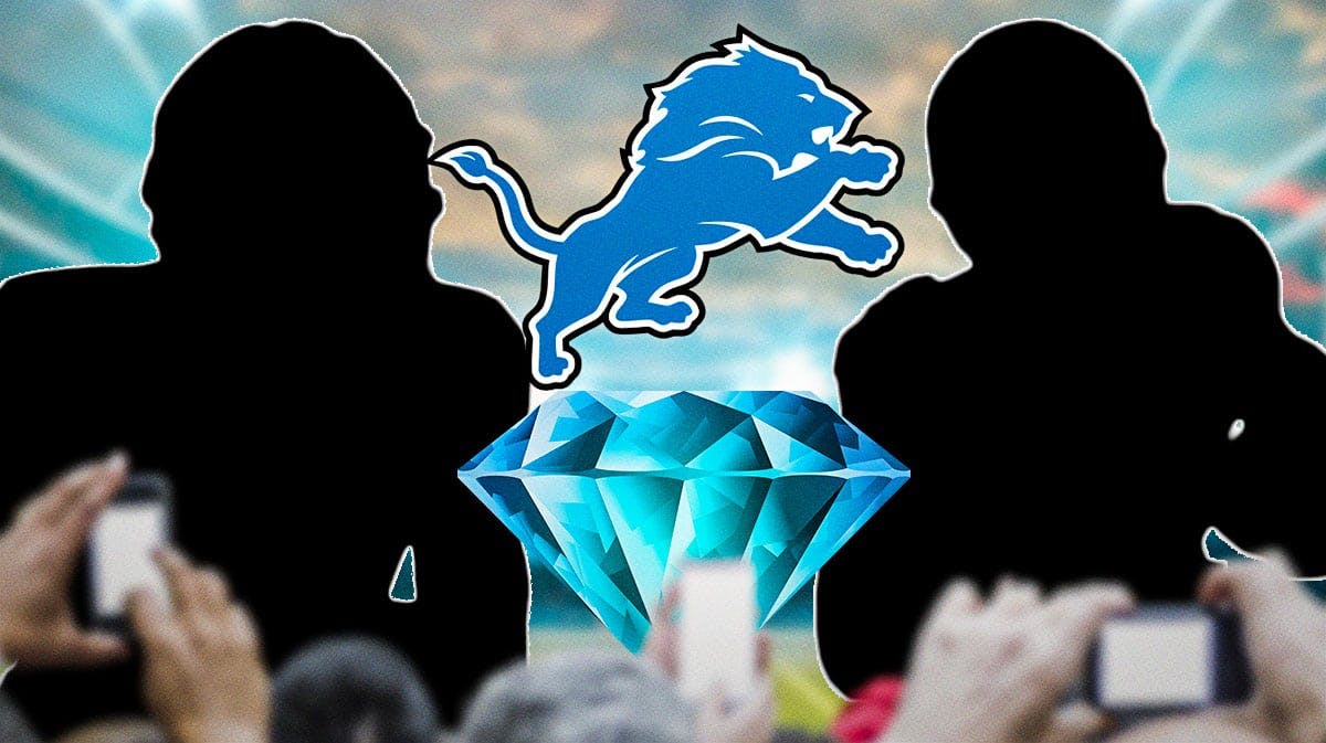 Lions logo background, shiny diamond in the middle with silhouette of James Houston on one side and silhouette of Hendon Hooker on the other.