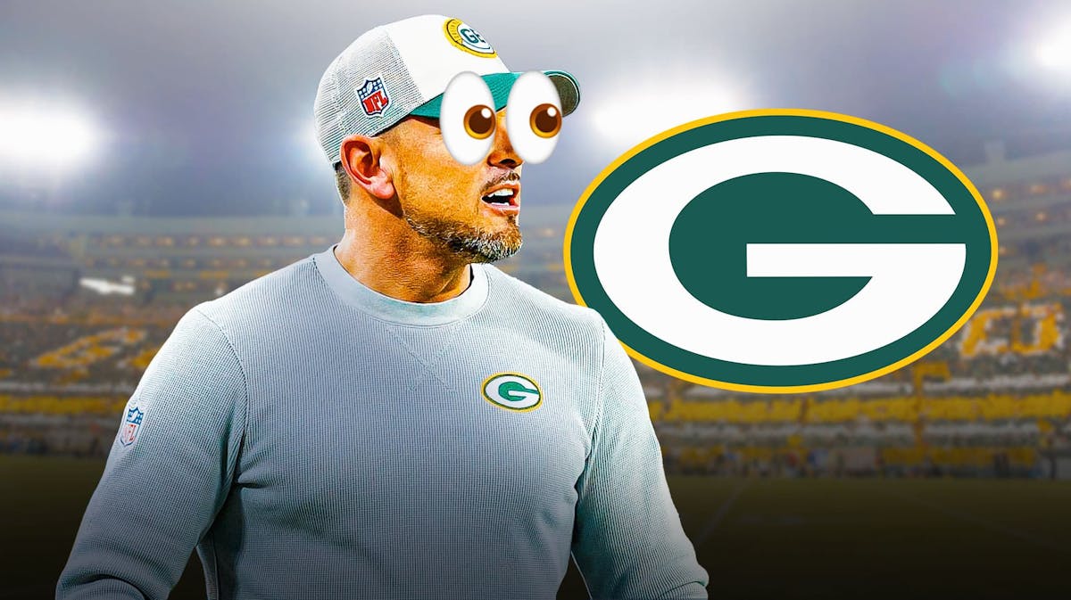 Matt LaFleur with emoji eyes next to a Packers logo