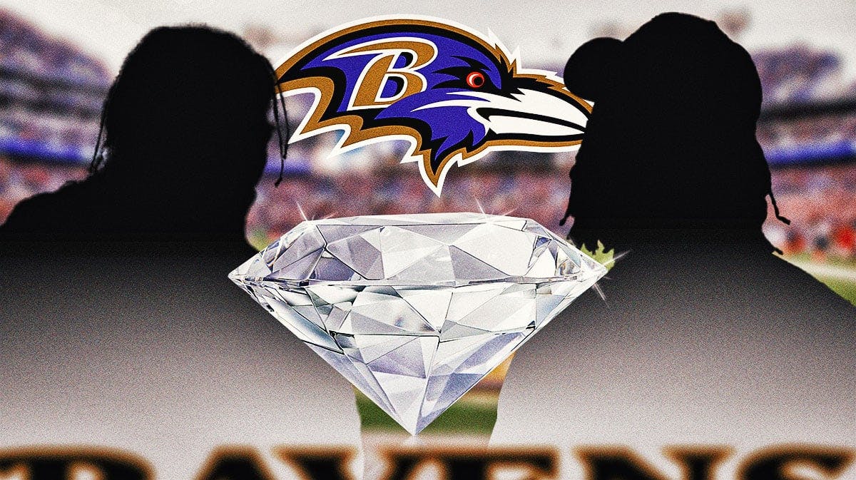 Ravens logo background, shiny diamond in the middle with silhouette of Deonte Harty on one side and silhouette of David Ojabo on the other.